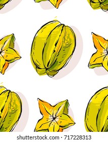 Hand drawn vector abstract unusual seamless pattern with exotic tropical fruit carambola isolated on white background.