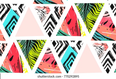 Hand drawn vector abstract unusual summer time decoration collage seamless pattern with watermelon,aztec and tropical palm leaves motif isolated on white background.
