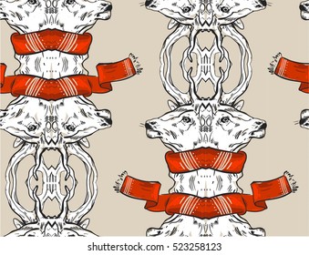 Hand drawn vector abstract vintage mirror Christmas seamless pattern with graphic reindeer in red scarf isolated on pastel background.Winter holidays pattern concept.Christmas fashion pattern.