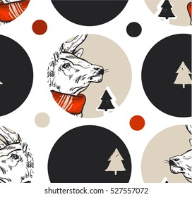 Hand drawn vector abstract vintage Christmas seamless pattern with graphic reindeer in red scarf and Christmas trees in dots shape .Winter holidays pattern concept.Polka dots texture.Wrapping paper.