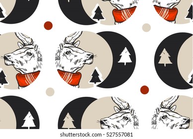 Hand drawn vector abstract vintage seamless pattern with graphic reindeer in red scarf and Christmas trees in dots shape .Winter holidays pattern concept.Polka dots texture.Wrapping paper.