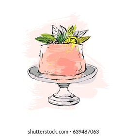 Hand drawn vector abstract watercolor textured cake on cake stand with lemon,flowers and leaves in peach colors isolated on white background.