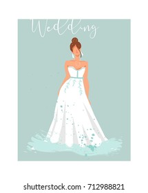 Hand drawn vector abstract wedding bridal in white dress illustration isolated on blue background