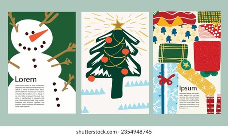 Hand drawn vector abstract winter posters with snowman, christmas tree and presents . Winter template for poster social media advertising flyers banners