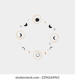 Hand drawn vector abstract,graphic art magic moon phases and stars in minimalistic modern line art style.Moon and star sign outline design concept.Outline moon silhouette.Celestial moon phases circle.