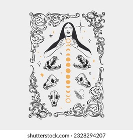 Hand drawn vector abstract,graphic magic witch woman,moon phases and stars in minimalistic modern line art style illustration.Moon and star outline design concept.Celestial witch sacred boho female.