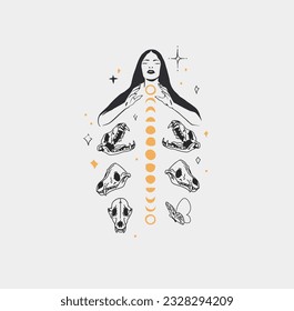 Hand drawn vector abstract,graphic magic witch woman,moon phases and stars in minimalistic modern line art style illustration.Moon and star outline design concept.Celestial witch sacred boho female.