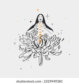 Hand drawn vector abstract,graphic magic witch woman,moon phases and stars in minimalistic modern line art style illustration.Moon and star outline design concept.Celestial witch sacred boho female.