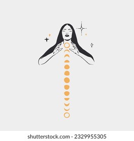 Hand drawn vector abstract,graphic magic witch woman,moon phases and stars in minimalistic modern line art style illustration.Moon and star outline design concept.Celestial witch sacred boho female.