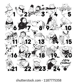 Hand drawn vector advent calendar with outline funny pigs