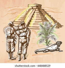 An hand drawn vector - ADVENTURERS in front of South American Pyramid - colored line art. Vector is editable in groups and layers - freehand sketching.