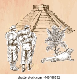 A hand drawn vector - ADVENTURERS in front of South American Pyramid - line art. Vector is editable in groups and layers - freehand sketching.