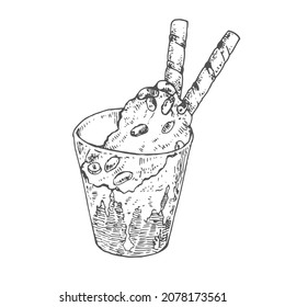Hand drawn vector affogato illustration. Ice cream with coffee and sweets. Flavored italian fresh cold cafe dessert. Isolated outline images for design, packaging, menu