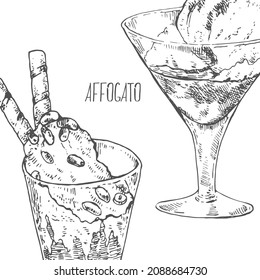 Hand drawn vector affogato illustration. Ice cream with coffee and sweets. Flavored italian fresh cold cafe dessert. Isolated outline images for design, packaging, menu