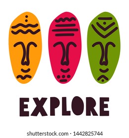 Hand drawn vector african masks, illustration design on white background.