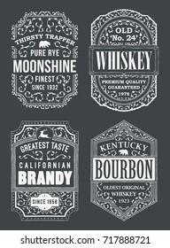 Hand drawn vector alcoholic beverages labels collection. Whiskey, bourbon, moonshine and brandy bottle stickers design set. Black and white vintage frames with flourishes and twirls.
