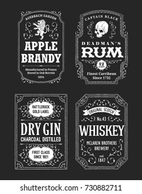 Hand drawn vector alcoholic beverages labels set. Whiskey, rum, gin and brandy bottle stickers design set. Black and white vintage frames with flourishes and twirls.