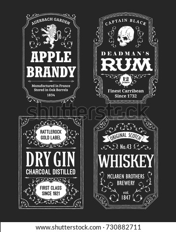 Hand drawn vector alcoholic beverages labels set. Whiskey, rum, gin and brandy bottle stickers design set. Black and white vintage frames with flourishes and twirls.