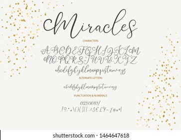Hand drawn vector alphabet ABC font with letters, numbers, symbols. For calligraphy, lettering, hand made quotes.