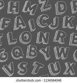 Hand drawn vector alphabet backdrop, sans serif abc symbols, monochrome seamless typography pattern, white chalk doodle with hatching letters on grey background