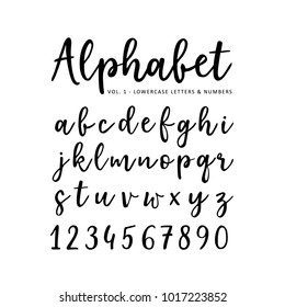 Hand drawn vector alphabet. Brush script  font. Isolated lower case letters and numbers written with marker or ink. Calligraphy, lettering.