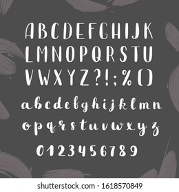 Hand drawn vector alphabet. Brush font, script. Isolated letters written with marker, ink. Calligraphy, lettering. Uppercase, lowercase, numbers and punctuation