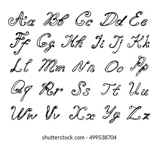 Hand drawn vector alphabet. Doodle font isolated on white. Sketch of letters written with marker or ink