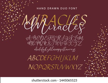 Hand drawn vector alphabet. Duo font with letters, numbers, symbols and golden decor. For calligraphy, lettering, hand made quotes. ABC vintage miracles pair.