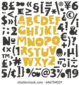 Hand drawn vector alphabet. Geometrical letters. Black and gold on white background.