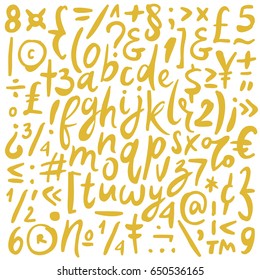 Hand drawn vector alphabet. Letters written with a brush. Gold on white background