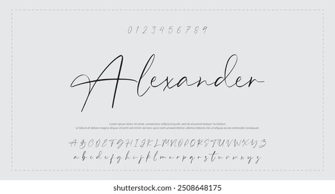 Hand drawn vector alphabet. Modern monoline signature script font. Elegant Signature Font. Best Alphabet Beautiful Calligraphy Signature Font lettering