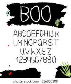 Hand drawn vector alphabet with numbers in black and white design for Halloween and the like. Vector illustration