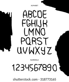 Hand drawn vector alphabet with numbers in black and white style. Vector illustration