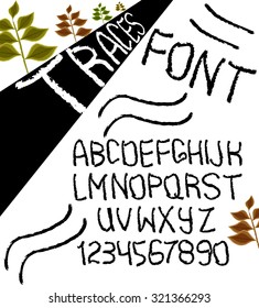 Hand drawn vector alphabet with numbers in black and white style similar to the marks. Vector illustration