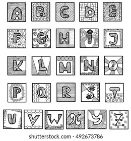 Hand drawn vector alphabet. Writing style doodles. Isolated on white background.