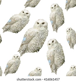 Hand drawn vector amazing animal illustration snowy owl. Seamless pattern white background.