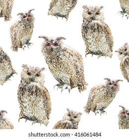 Hand drawn vector amazing animal illustration owl and eagle-owl.Seamless pattern white background. 