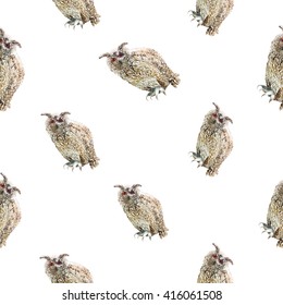 Hand drawn vector amazing animal illustration eagle-owl. Seamless pattern white background. 