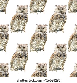 Hand drawn vector amazing animal illustration owl. Beautiful art with wild owl bird. Seamless pattern white background. Design for textile print, paper, web, card
