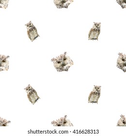 Hand drawn vector amazing animal illustration owl and owl portrait. Beautiful art with wild owl bird. Seamless pattern white background. Design for textile print, paper, web, card