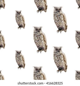 Hand drawn vector amazing animal illustration horned owl. Beautiful art with wild owl bird. Seamless pattern white background. Design for textile print, paper, web, card