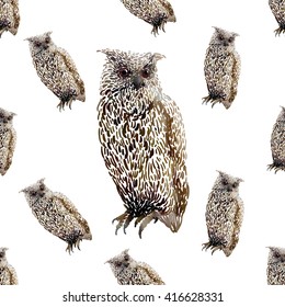 Hand drawn vector amazing animal illustration horned owl. Beautiful art with wild owl bird. Seamless pattern white background. Design for textile print, paper, web, card