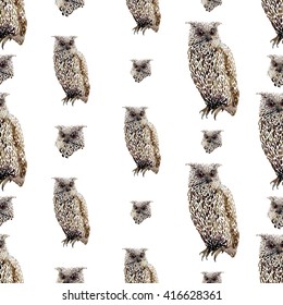 Hand drawn vector amazing animal illustration horned owl portrait and horned owl. Beautiful art with wild owl bird. Seamless pattern white background. Design for textile print, paper, web, card