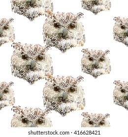 Hand drawn vector amazing animal illustration owl portrait. Beautiful art with wild owl bird. Seamless pattern white background. Design for textile print, paper, web, card