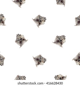 Hand drawn vector amazing animal illustration horned owl portrait. Beautiful art with wild owl bird. Seamless pattern white background. Design for textile print, paper, web, card