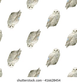 Hand drawn vector amazing animal illustration snowy owl. Beautiful art with wild owl bird. Seamless pattern white background. Design for textile print, paper, web, card