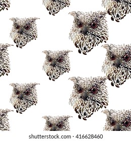 Hand drawn vector amazing animal illustration horned owl portrait. Beautiful art with wild owl bird. Seamless pattern white background. Design for textile print, paper, web, card