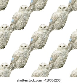 Hand drawn vector amazing animal illustration snowy owl. Beautiful art with wild owl bird. Seamless pattern white background. Design for textile print, paper, web, card