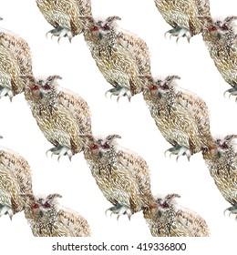 Hand drawn vector amazing animal illustration eagle-owl. Beautiful art with wild owl bird. Seamless pattern white background. Design for textile print, paper, web, card