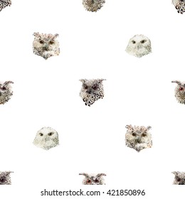 Hand drawn vector amazing animal illustration horned owl, eagle-owl portrait, snowy owl. Beautiful art with wild owl bird. Seamless pattern white background. Design for textile print, paper, web, card